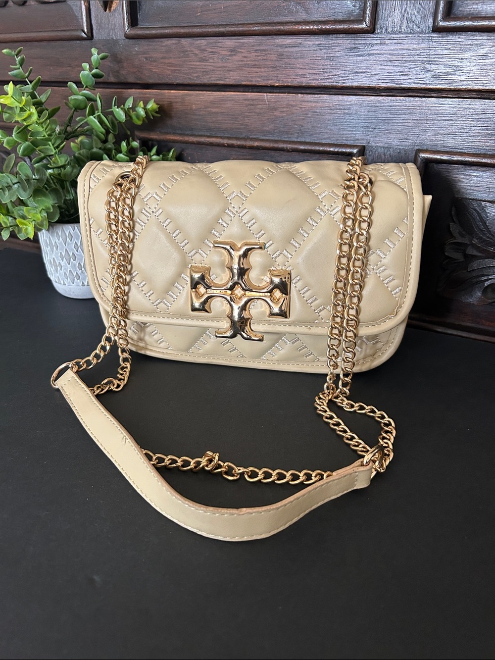 Tory Burch Beige Quilted Logo Chain Shoulder Bag